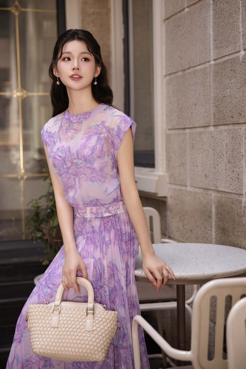 Sixdo Purple Peony Organza Flared Skirt